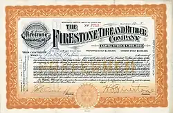 Acción preferente de la Firestone Tire and Rubber Company por 10 títulos de 100 dólares cada uno, emitida el 15 de mayo de 1911 en Akron, Ohio, firmada por Harvey S. Firestone como Presidente