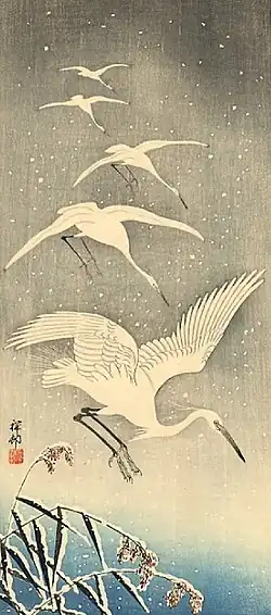 Five Egrets Descending in Snow, c. 1920s