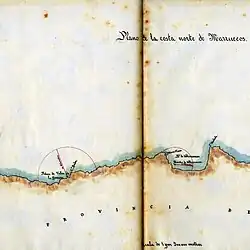 Mapa con la ubicación del faro en la costa africana del faro del Peñón Vélez de la gomera
