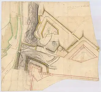 Fortín de San Bartolomé, en la parte inferior: baluarte de Labrit, a la izquierda; y revellín de la Tejería, a la derecha.[av]​