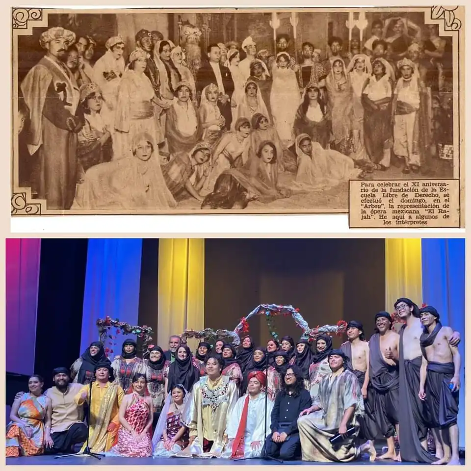 Foto comparativa del Elenco del Estreno Mundial en 1923 y el Elenco del Rescate en 2023, a 100 años de diferencia.