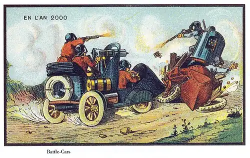 Automobiles de guerre (Automobiles de guerra), litografía a color de la colección de postales futuristas En l'an 2000 (En el año 2000, 1910).