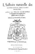Página de título de L'histoire naturelle des éstranges poissons marins... de Pierre Belon.