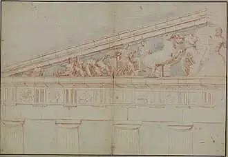 Dibujo atribuido a Jacques Carrey, frontón oeste, parte norte.