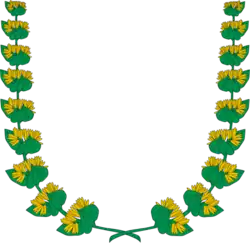 Puesto sobre el escudo, orlado de dos ramas cruzadas de genciana de sinople, florida de oro