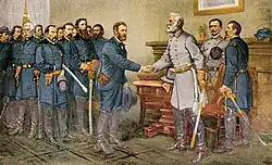 El general Robert E. Lee se rinde formalmente ante el general Ulysses S. Grant el 9 de abril de 1865, poniendo fin a los Estados Confederados de América.