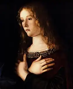 Detalle de Sacra Conversazione con Santa Catalina de Alejandría y María Magdalena, de Giovanni Bellini, ca. 1490.[15]​