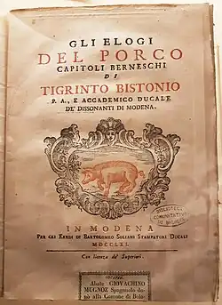 Gli Elogi del Porco ("Los elogios del cerdo"), Módena, 1761.