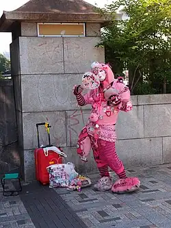 persona vestida completamente de rosa, con multitud de accesorios como pines, collares, pulseras, colgantes, etc. Lleva medias a rallas negras y rosas, una falda rosa con polka dots con forma de corazón y con unos zapatos estilo estar por casa, grandes y mullidos, el derecho con forma de conejo y el izquierdo con forma de garra. Lleva una maleta y varias bolsas con multitud de colores y accesorios. Lleva puesta una máscara blanca con toques rosados.