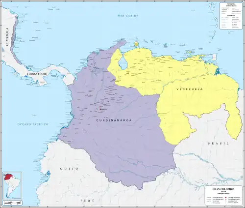 División política de la Gran Colombia en 1819, excluyendo a Panamá y Ecuador que continuaban bajo el dominio español.