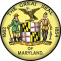 Representación coloreada del Gran Sello de Maryland de 1854 a 1874, con un águila calva norteamericana encima del escudo y un pergamino con el antiguo lema del estado Crescite et multiplicamini (en español, Aumentar y multiplicar)