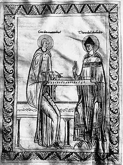 Guido de Arezzo muestra el Monocordio al obispo Teobaldo. Codex Lat. 51 f°35v. Viena, Oesterreichische Nationalbibliothek, Musiksammlung, (sXI).