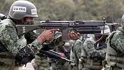 Soldado del Ejército Mexicano usando un H&K G3A4 con un lanzagranadas M203 integrado durante un entrenamiento.