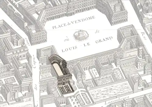 Ubicación del Hôtel d'Évreux en la Place Vendôme, en el mapa de Turgot (1734-1737). El norte está a la izquierda.
