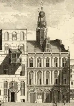 Detalle de un grabado que representa el ayuntamiento de Utrecht construido por William van Noort en 1547