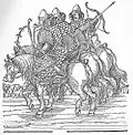 Lo que sujeta el jinete en primer plano es un látigo; los manguales que llevan estos caballeros rusos están sujetos con sus cinturones. Grabado de la edición alemana de 'Notas muscovitas' de Segismundo de Herberstein, 1557.