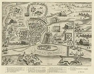 Asedio de Zutphen en 1591 por Bartholomeus Dolendo - Los ingleses están atacando el reducto en la parte superior de la imagen