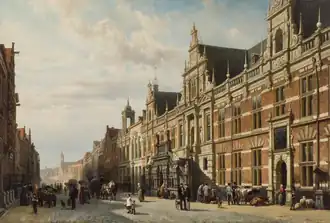 Ayuntamiento de Leiden (1595-1600) por Lieven de Key, pintado por Cornelis Springer en 1870 (Het stadhuis te Leiden).
