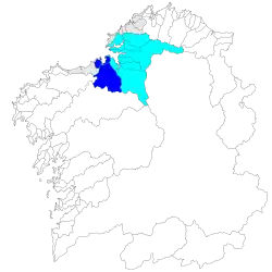 Cuenca hidrográfica de la ría de La Coruña, en oscuro, dentro del conjunto de las cuencas del golfo Ártabro.