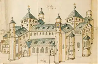 Representación esquemática de 1662 (cercana a una perspectiva axonométrica) de San Miguel de Hildesheim, iglesia otoniana.