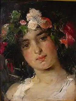 Retrato de una belleza con una corona de flores.