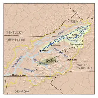 Mapa del río Holston —una de las fuentes del río Tennessee— que fluye por el noreste del estado.