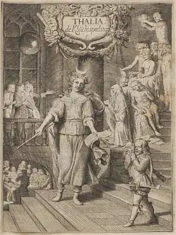 Talía, musa y maestra de comediantes, según dibujo de Hoogstraten (hacia 1675). Universidad de Nimega (biblioteca).