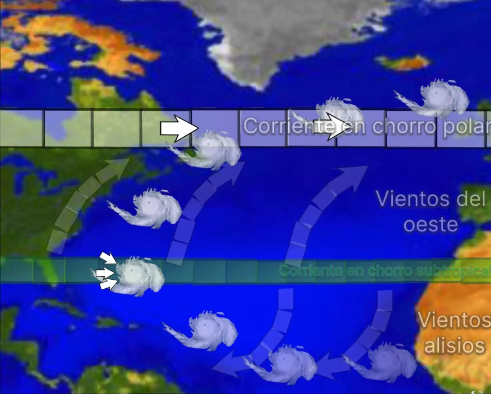 Ejemplo de cómo las corrientes en chorro y los vientos de la CGA afectan a los ciclones
