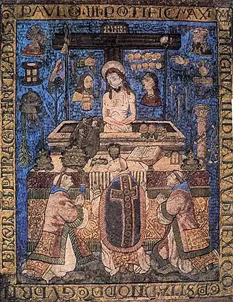 La Misa de San Gregorio, pintura mexica con plumas, posiblemente obra de Diego de Alvarado Huanitzin (sobrino y yerno de Moctezuma II), ofrenda al papa Paulo III (1539).[4]​