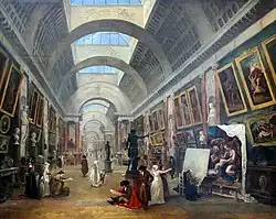 Peinture d'une grande galerie d'art avec plusieurs tableaux accrochés aux murs.
