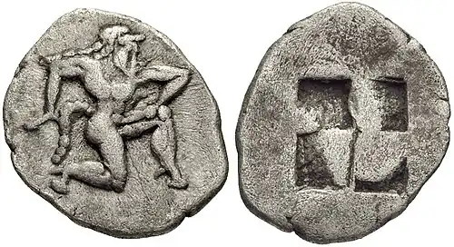 Moneda arcaica de Tasos. Ca. 500-463 a. C.