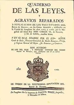 Cuaderno de las leyes aprobadas en las Cortes de Navarra de 1766