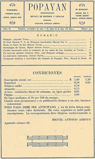 Impressum de la revista, con Antonino Olano y Miguel Arroyo Diez como fundadores de la misma.