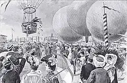 Inauguración del Real Aeroclub presidida por Alfonso XIII, publicado 30 de mayo de 1905 en La Ilustración Española y Americana, dibujo de Mariano Pedrero.