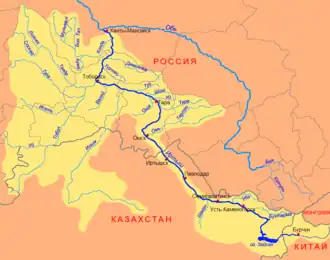 Mapa en ruso del río Irtish (Иртыш) —afluente del Obi (Обь)— en el que aparece en el centro Omsk (Омск)