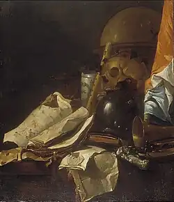 Vanitas con calavera, bola de cristal y bandera (1642), Colección de Arte de la Agencia de Patrimonio Cultural de los Países Bajos, Rijswijk