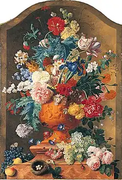 Flores en un jarrón de terracota,[19]​ de Jan van Huysum, 1736 "parecen tener extrañas hojas azules. Alguna vez fueron verdes, pero la laca amarilla se ha desvanecido."[5]​