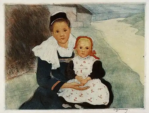 Niña y niño de Rosporden, aguafuerte y aguatinta en color, Quimper, museo departamental bretón .