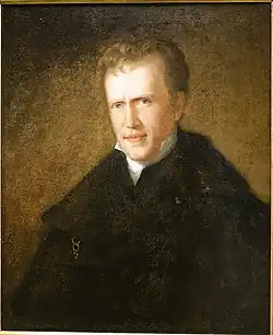 Color oil painting of a young white man with light brown short wavy hair and a plain countenance