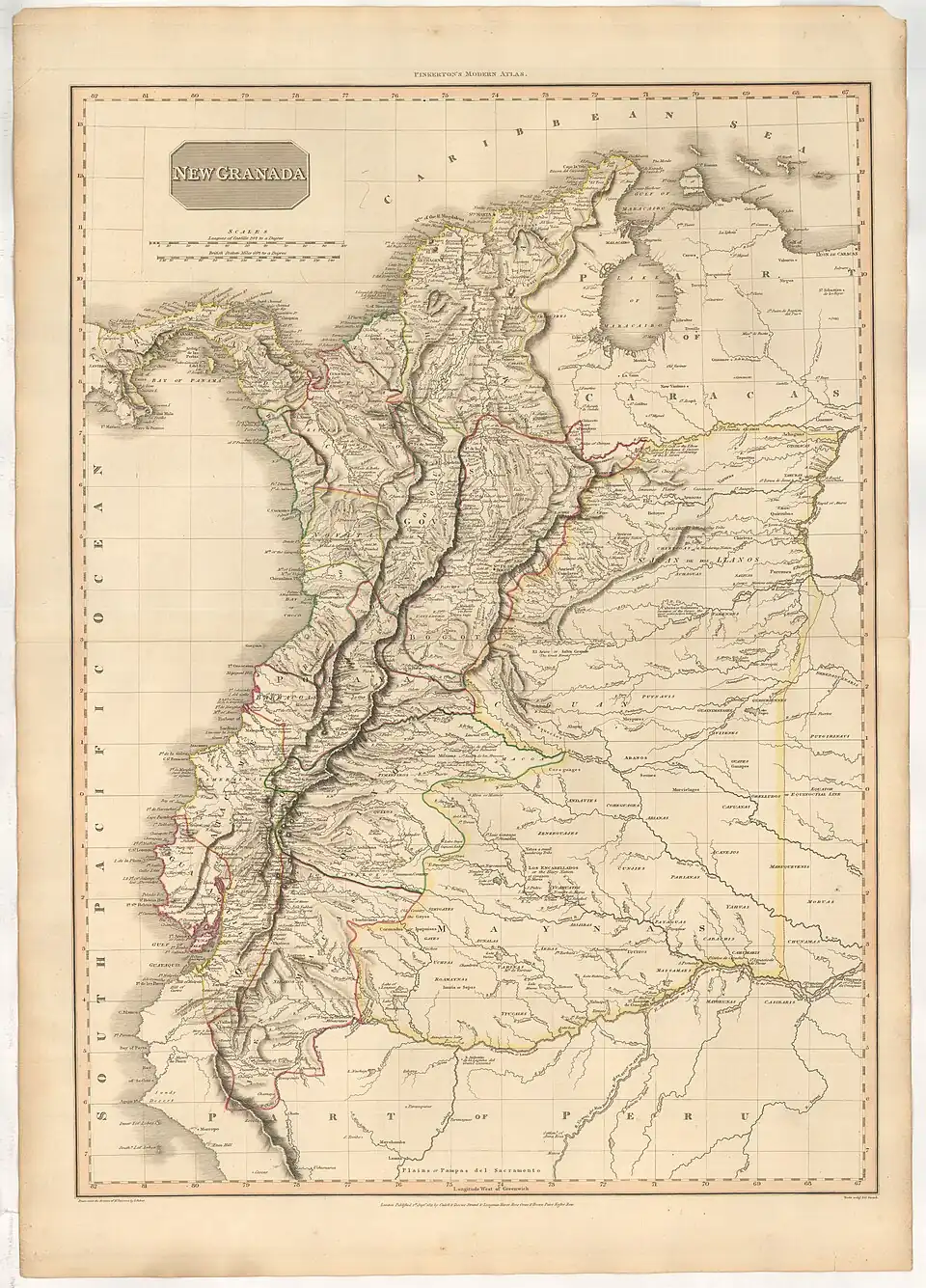 Mapa de la provincia neogranadina de Maynas, con el río Amazonas hasta la desembocadura del río Yavarí como frontera con el virreinato del Perú.