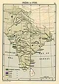 Península de la India en 1700, mostrando el Imperio mogol y los asentamientos comerciales europeos.