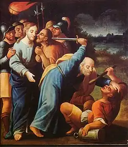 San Pedro cortando la oreja de Malco (uno de los esbirros que prenden a Cristo, durante la escena del beso de Judas), de José Joaquím da Rocha,[32]​ 1786.