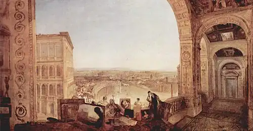 William Turner. Roma desde el Vaticano: Rafael, acompañado por la Fornarina, prepara sus cuadros para la decoración de la Logia. 1820.