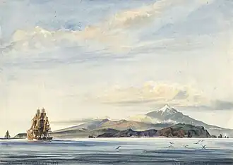 Vista del Teide desde el mar, en la acuarela sin título de Jules Marie Vincent de Sinety, de 1837. Pinacoteca do Estado de São Paulo, Brasil.