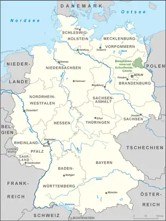 Ubicación de la reserva de la biosfera de Schorfheide-Chorin (verde) en Alemania