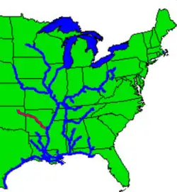 Inland waterway system with McClellan-Kerr Navigational Channel shown in red