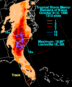 Cantidades de lluvia coloreada de forma diferente para la cantidad de lluvia y mencionando su cantidad máxima que se extiende desde el sur de los Cayos de Florida, a través de Georgia, donde alcanzó su punto máximo, y hasta Pensilvania, Nueva Jersey y Ohio, donde causó lluvias menores.