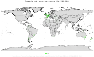 Localización del clima oceánico típico (Cfb) en el mundo.