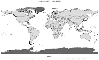 Mapa del clima gélido en color plomo oscuro, extendido especialmente en los casquetes polares.