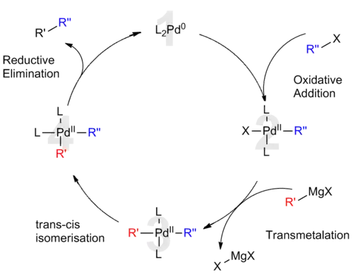 Accepted catalytic cycle for Kumada cross coupling reaction